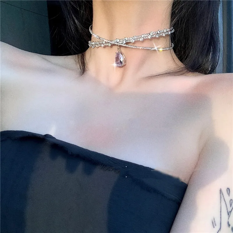 

POPACC Luxury Crown Crystal Choker Necklaces for Women Water Drop Pendant Necklaces Torques Weddings Jewelry Party Gifts