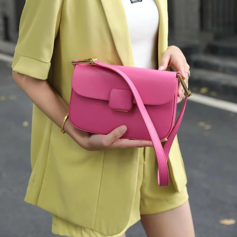 Fashion Small Square Bag Women's Genuine Leather Underarm Bag Luxury Design High Quality One Shoulder Crossbody Tofu Bag Pink