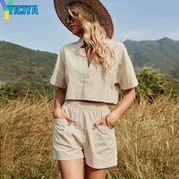 yiciya tracksuit women khaki v neck short sleeve fashion casual loose shorts pocket two piece suit womens wear vacation outfits