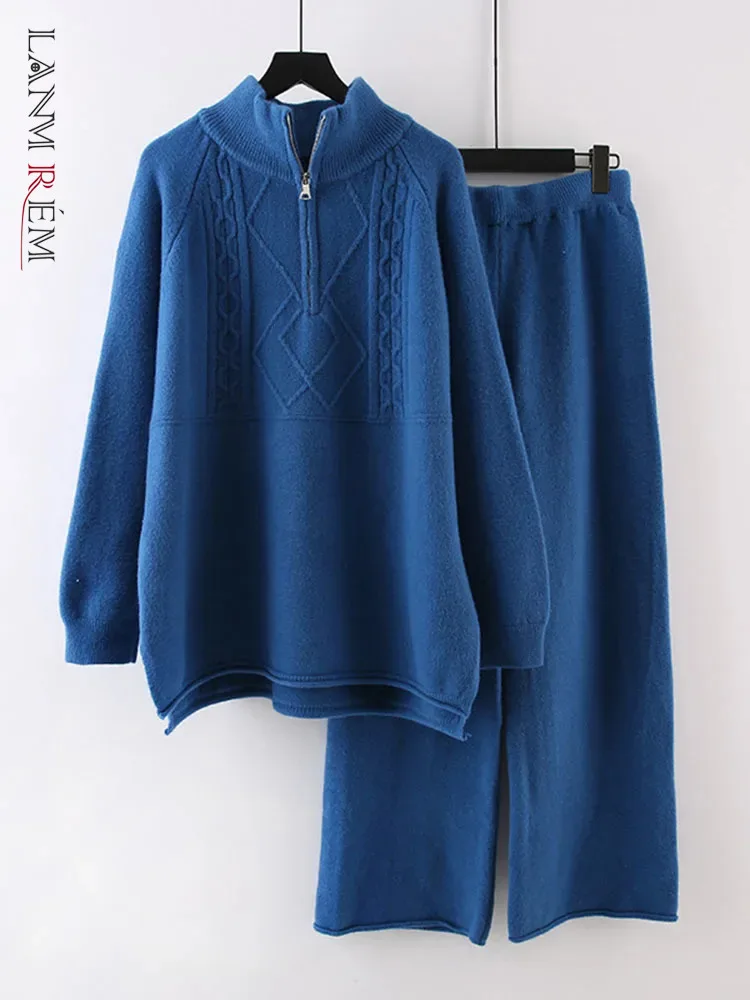

LANMREM Зимний вязаный комплект из 2 предметов, Женский пуловер на молнии со стоячим воротником, свитер, широкие брюки, повседневные, новинка зимы 2023, 2AA3425