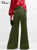 celmia women pleats long trousers all match satin streetwear 2022 spring wide leg pants office high waist fashion pantalon pants