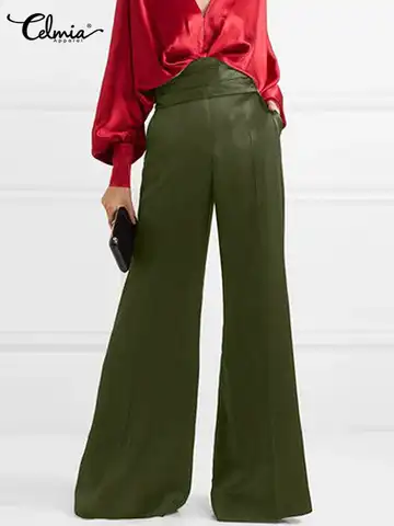 Женские Плиссированные Длинные брюки Celmia, подходящая ко всему атласная уличная одежда, весенние широкие брюки 2022, офисные модные женские бр...