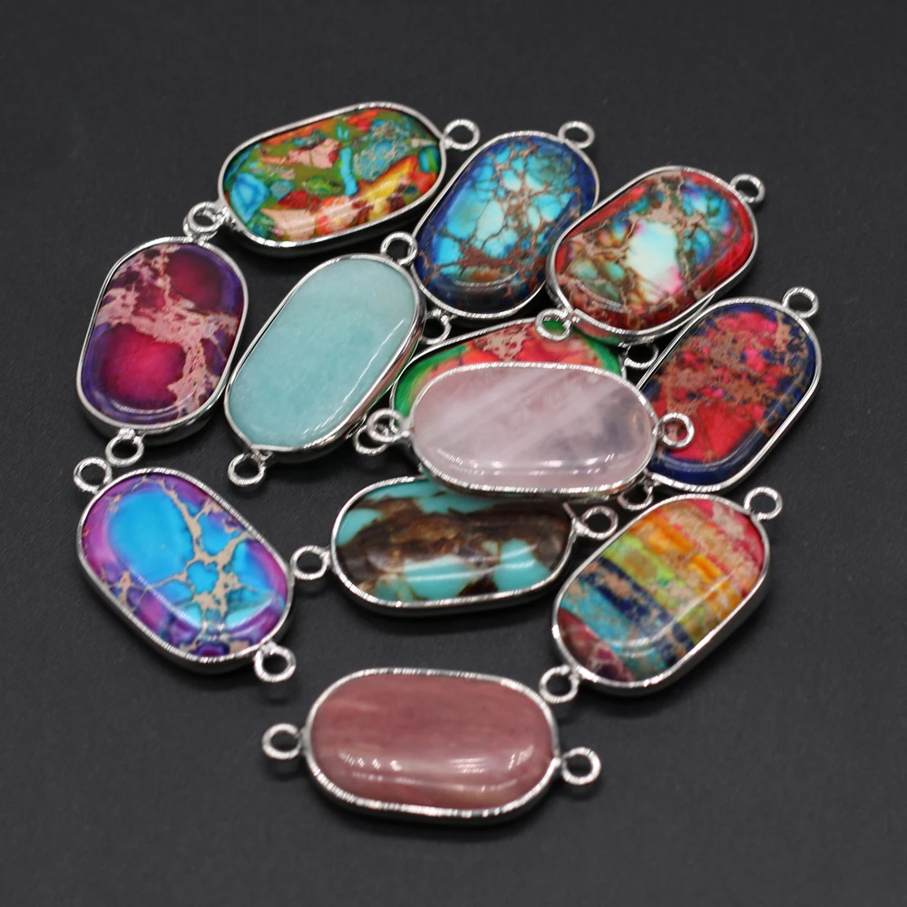 

Natural Stone Rose Quartz Emperor Stone Silver-plated Connector Pendant For Jewelry Making DIY Necklace Accessories Gift 16x34mm