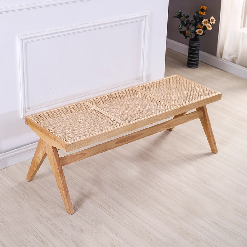 

Chinese Ancient Style Rattan Long Stool Solid Wood Bed & Breakfast Style Bed End Stool Home Dining Stool Doorway
