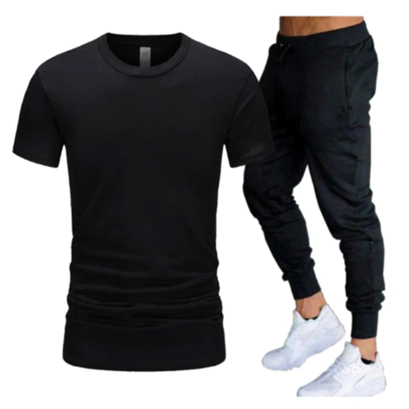 

Summer fashion new men's T-shirt + sports suit pure color fashion high-top sports running suit