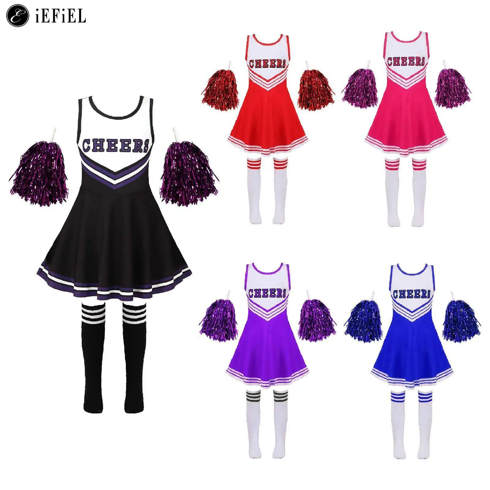 High Schoolgirls Cheer Leader Uniform Dance Cheerleading Dress Outfit with Stockings 2 Pom Poms Halloween Cosplay Costume