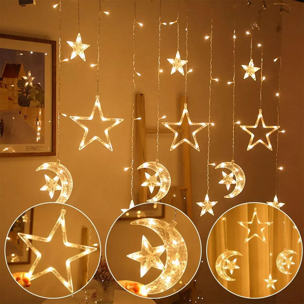 

2023 Star Moon Led Curtain Garland String Light Eid Mubarak Ramadan Decoration Islam Muslim Party Decor Eid Al Adha Gift Eid Mub