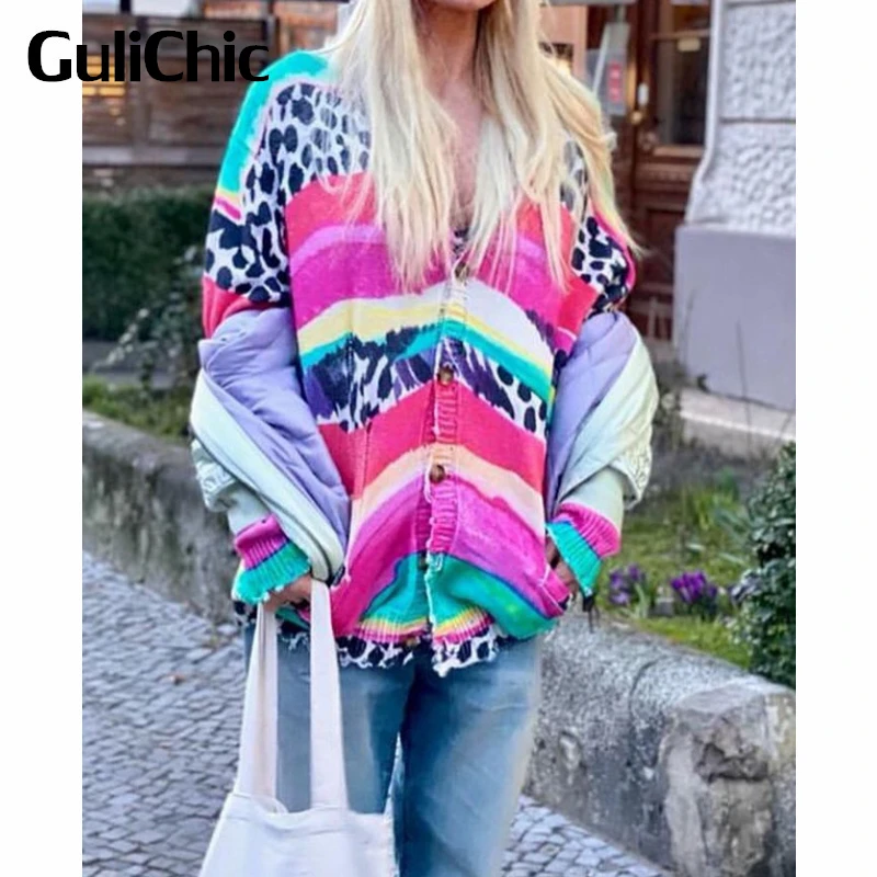 

Женский свободный вязаный кардиган GuliChic, уличный кардиган контрастных цветов в полоску с леопардовым принтом и V-образным вырезом, 9,16