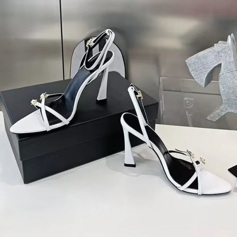 Women's Sandals 2023 Summer New Fashion High Heel Pointed Rhinestone Needle Buckle Fine Heel Banquet Sexy Open Toe Roman Shoes