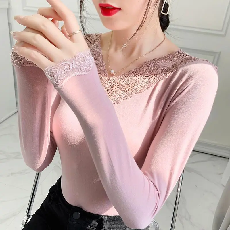 Roupa interior térmica modal para mulher blusa nova inverno feminino quente roupa de fundo rendas com decote em v pulôver manga completa magro camiseta (0)