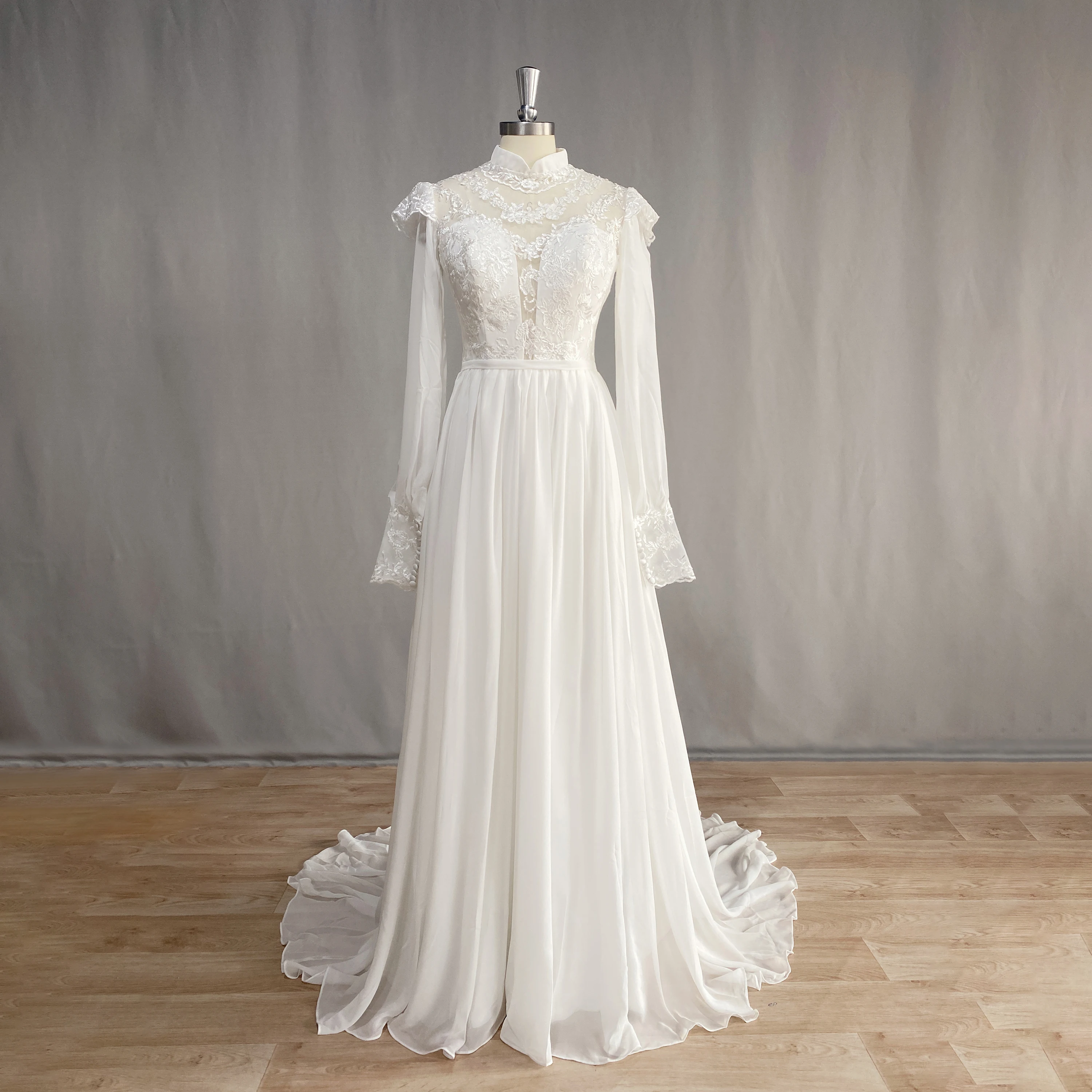 Купи Dideyttawl 2023 Empress Wedding Dress with Long Sleeves Stand Collar A Line Keyhole Robe De Mariée Lace Chiffon New Bridal Gowns за 5,465 рублей в магазине AliExpress