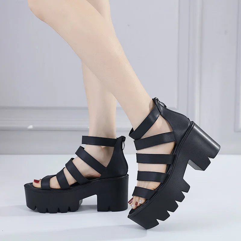 Women Leather Gladiator Sandals Black Block Heels Shoes Open Toe 2023 Summer Leisure Chunky Platform High Heel Roman Sandals