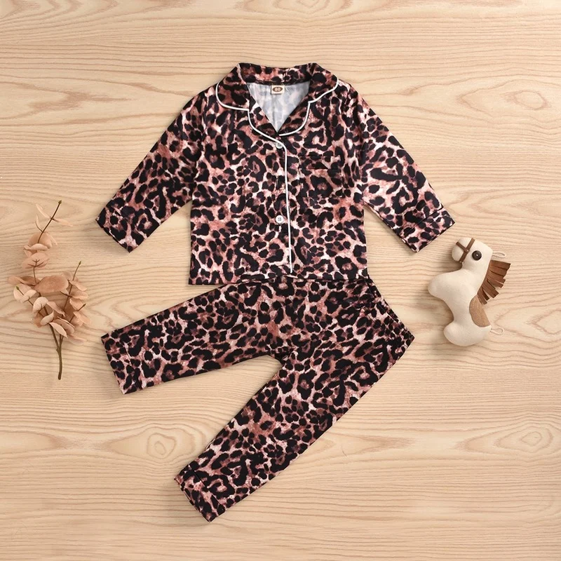 

Spring Autumn Long Sleeve Cardigan Stand Collar Leopard Print Pajamas Baby Set Home Service Boys Girls Suits