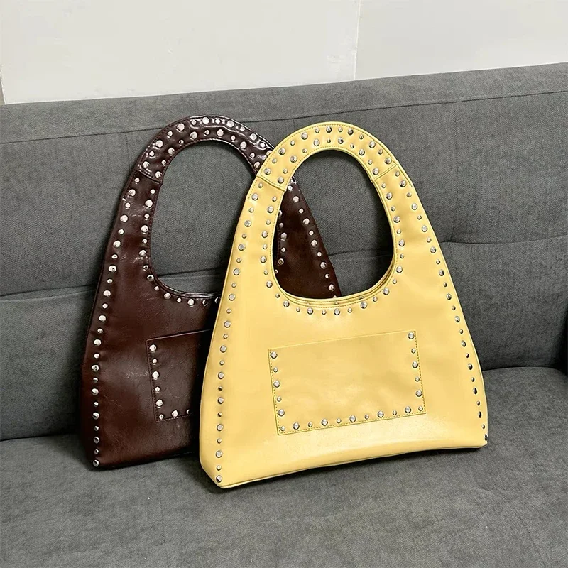 Новый бренд дизайн с заклепками винтажная сумка на плечо в стиле панк кофейная