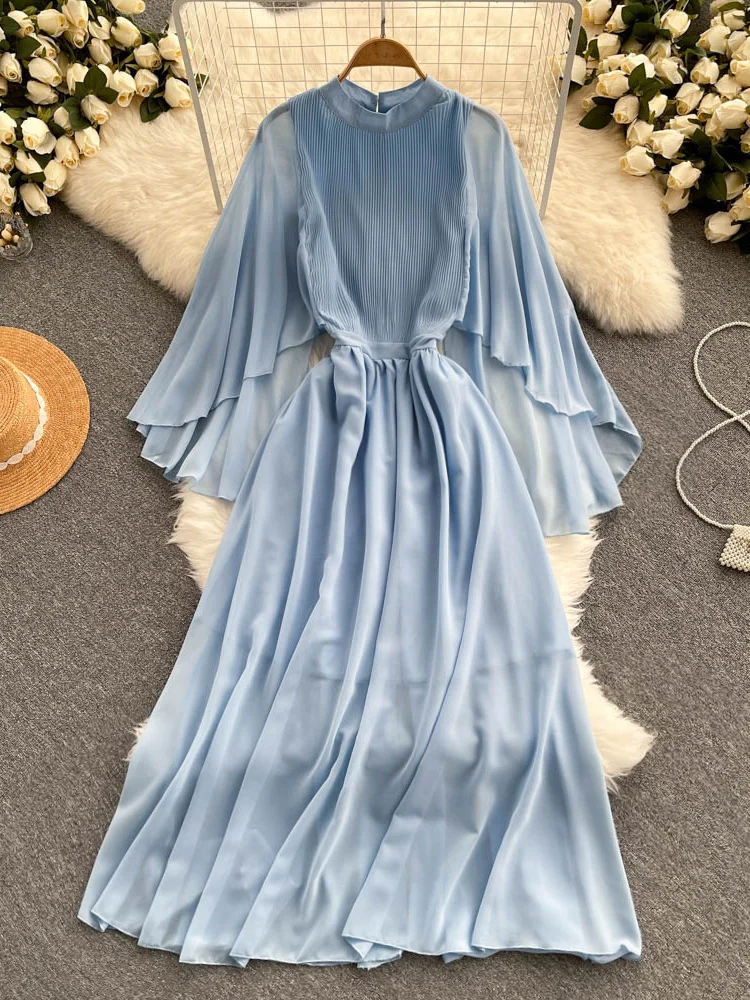 

Женское пляжное платье, весна-лето, плиссированные шифоновые платья в стиле бохо с высокой талией, трапециевидного силуэта, длинное платье