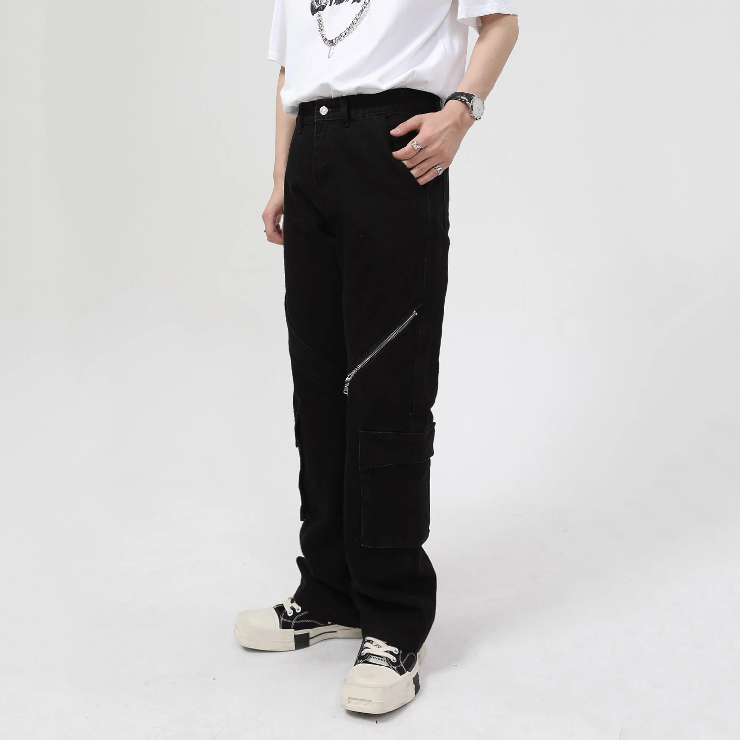 Four Seasons Men's Jeans Street Hip Hop High Street Personality Zipper Micro Horn Tooling High Street Jeans Trendy Fashion Pants