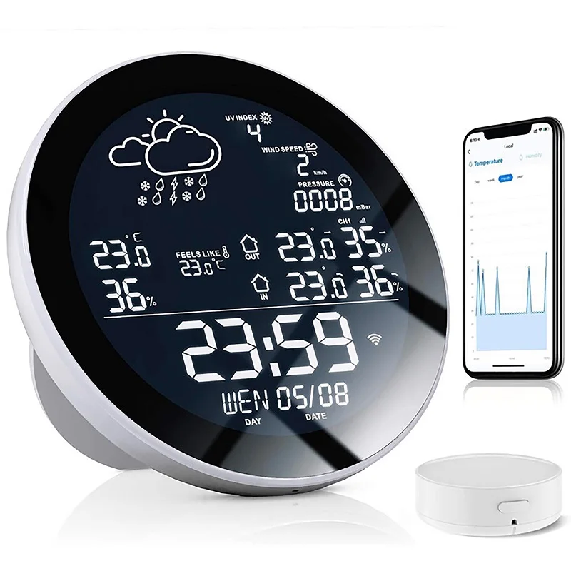 With Clock Temperature Humidity Meter Large Color Screen Weather Clock Temp Humidity Gauge