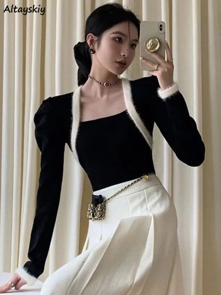 

Sweaters Women Panelled Sexy Slim Design Elegant Creativity Knitwear Korean Style Leisure Retro All-match Fashion Ladies Autumn