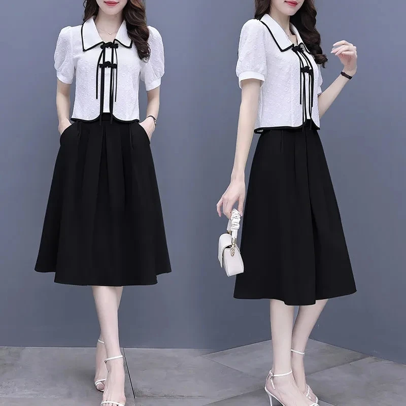 Женский винтажный костюм с юбкой белый топ коротким рукавом и пуговицами юбка