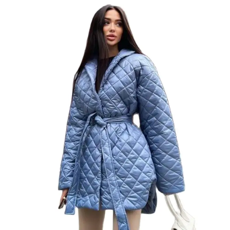 Plaid Cotton Jackets Winter Lady Lapel Long Sleeve Slim Tie Mid Length Jacket Coat INS Style  Women Casual Wild Coat Soild Color