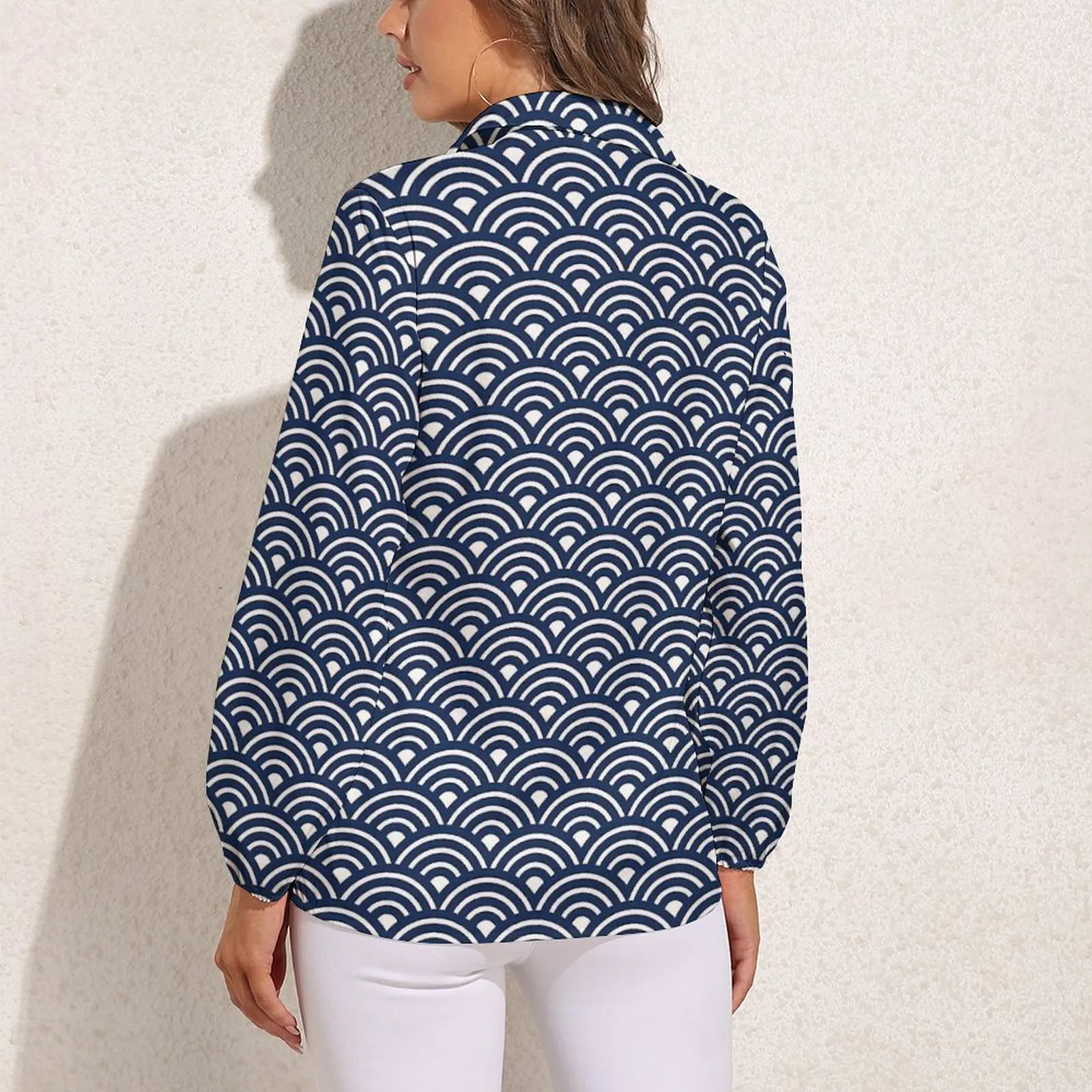 Ретро японская свободная блузка Seigaiha синяя уличная одежда с океанскими волнами