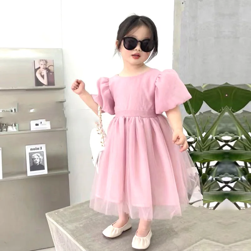 

Child clothing dress fashion new Korean version the puff sleeve backless casual princess dresses girls loose uality kids clothes