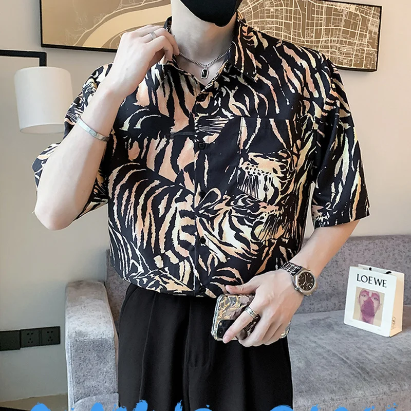 2022 Summer Tiger Pattern Shirts Men Short Sleeve Loose Casual Shirt Social Party Streetwear Oversized Lapel Tops Men Clothing