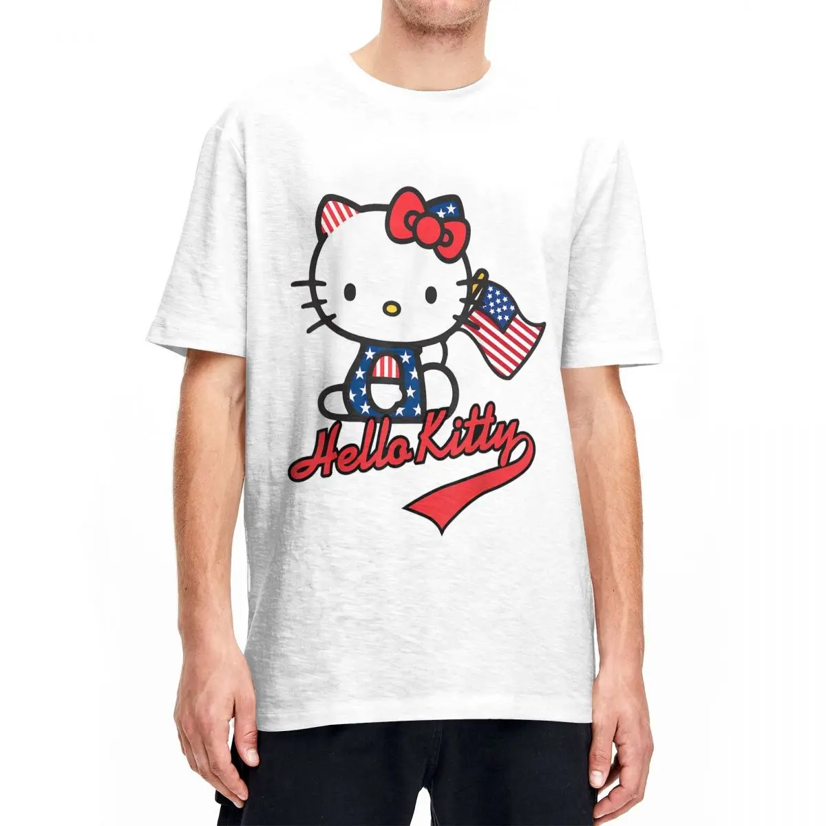 Футболка Hello Kitty с американским флагом для мужчин и женщин 100% хлопок новинка