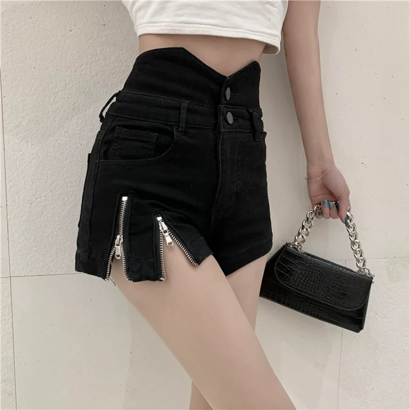 

Summer High Waist Denim Shorts 2023 Korean Style New Fashion Side Zipper Short Jeans Casual Resort Commuter Sports Shorts