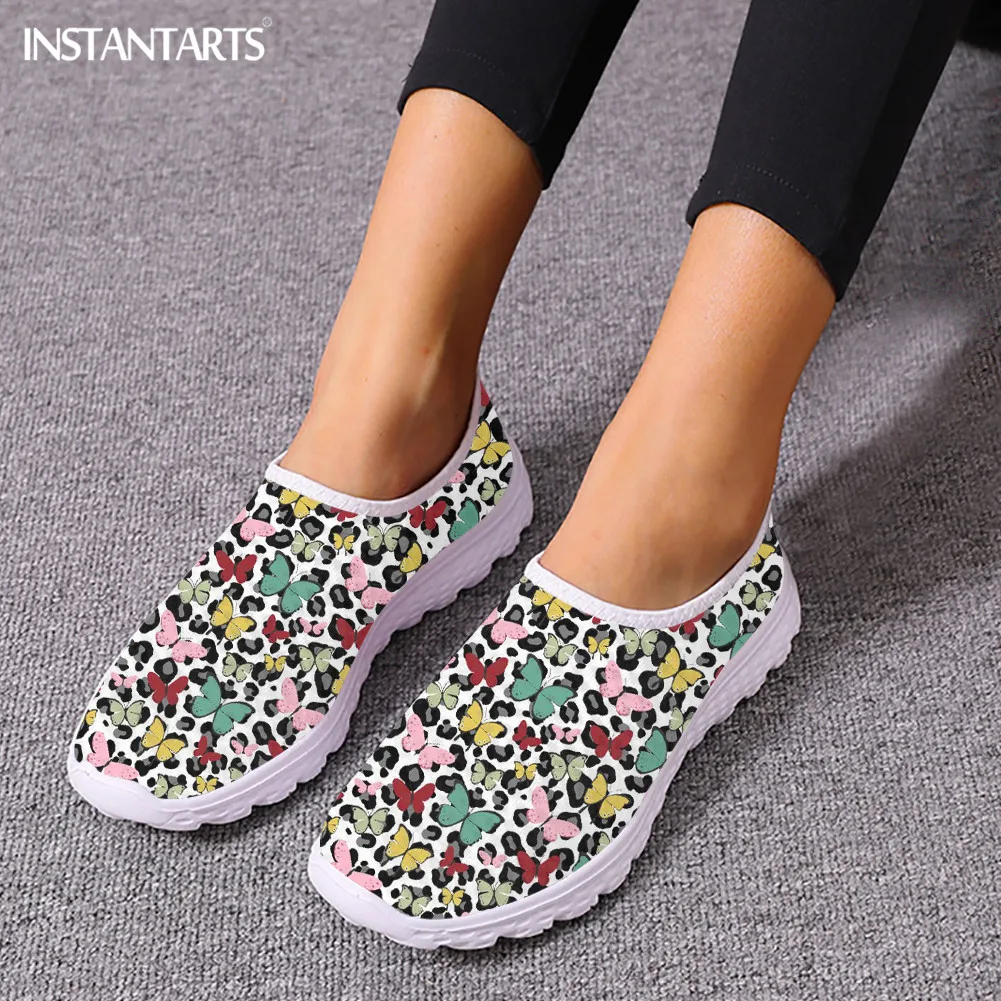 Summer Breathable Mesh Shoes for Girls Butterflies Black White Women's Print Slip-on Flats Round Toe Outdoor Loafers Tennis Hot