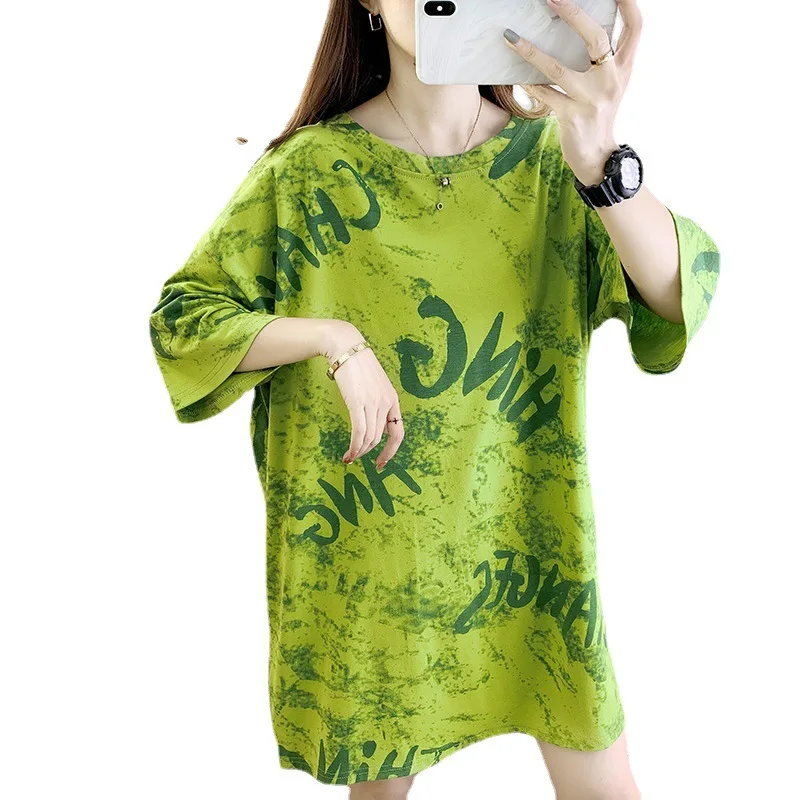 

Женская футболка с коротким рукавом, свободная футболка средней и длинной длины в Корейском стиле с принтом богини, Новинка лета 2022