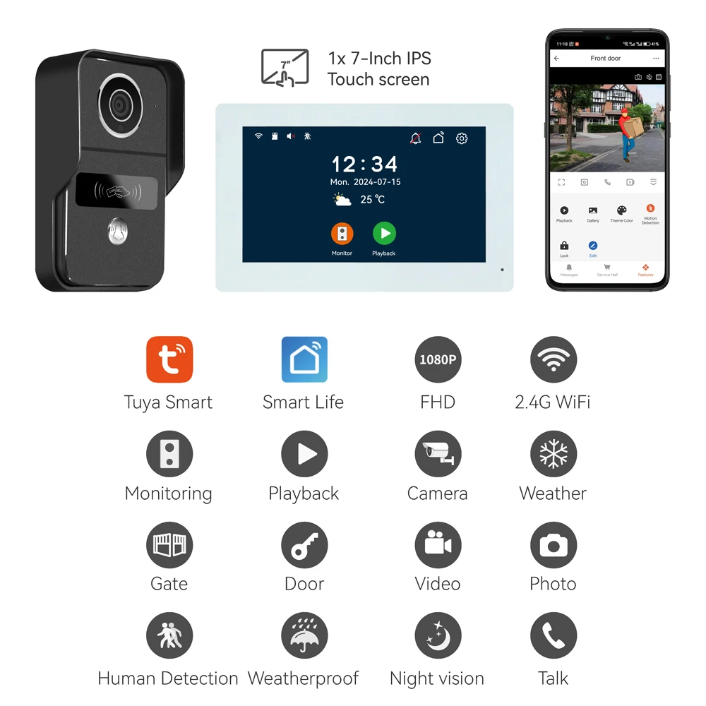 7-дюймовый IPS-экран 2MP Tuya APP Rifd Дистанционное управление Видеодомофон WIFI IP Дверной