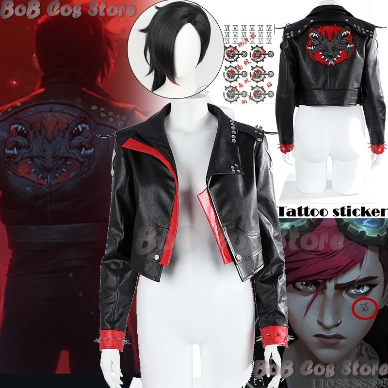 Vi аниме Arcane LOL League of Legends косплей костюм черный парик татуировка наклейка пальто
