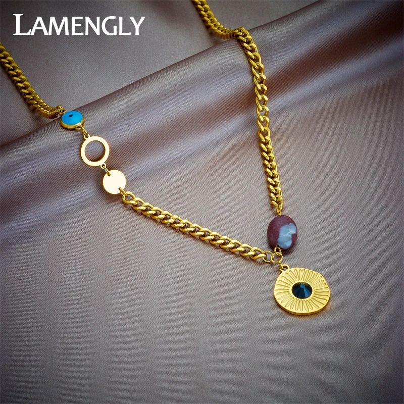 

LAMENGLY 316L Stainless Steel Irregular Black Zircon Pendant Necklace For Women Girl New Clavicle Chain Non-fading Jewelry Gift