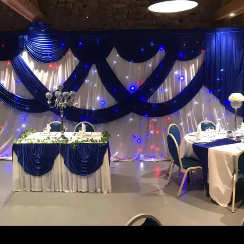 

3M*6M White color Ice Silk Wedding Backdrops with Royal Blue Swag Stage Background Drape Curtain wedding baby shower party decor