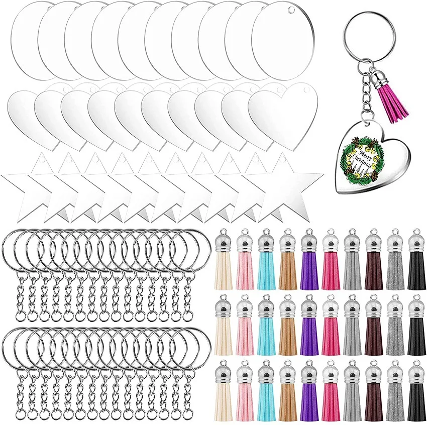 

120pcs Multiple Shaped Acrylic Keyrings Colored Leather Tassels DIY Accessories Birthday Party Handmade Keychain