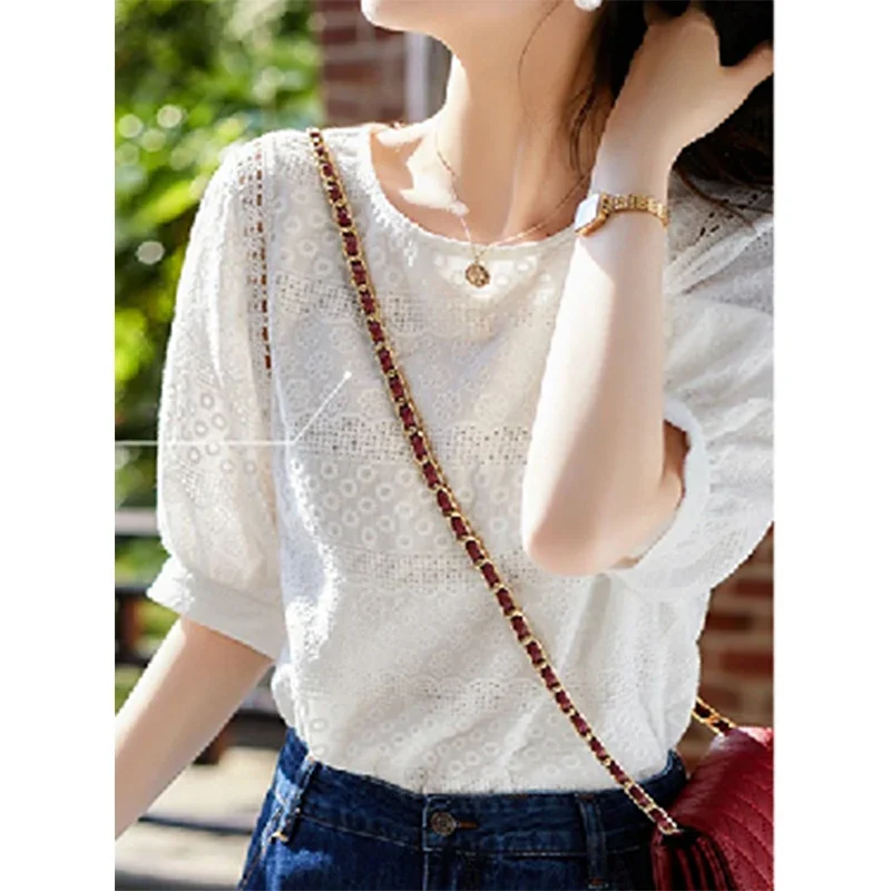 Белая ажурная вышитая рубашка для женщин корейская мода хлопковые блузки с