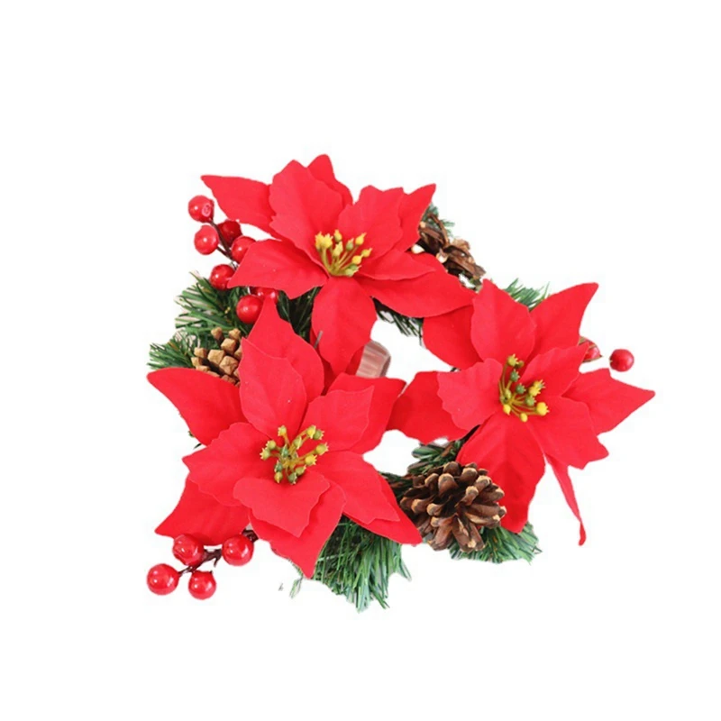 

4PCS Christmas Flower Garland Pine Needle Pine Cone Christmas Ring Candle Ornament Decorative Berry Ring Candle Holder
