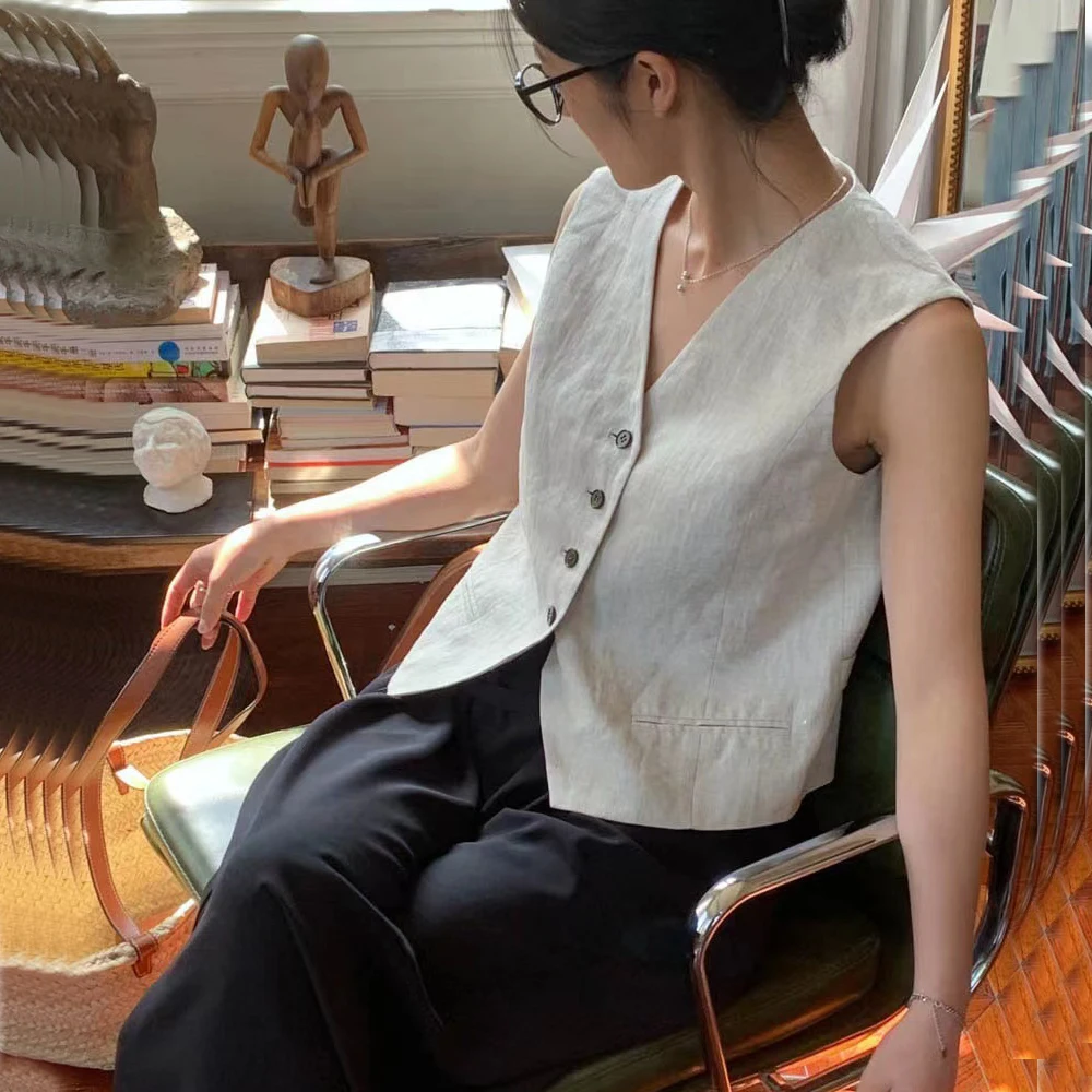 

Summer Linen Vest Single Breasted V Neck Slim Fit Sleeveless Jacket Traf 2023 Woman Dress Vests for Women Winter Norpojin Store