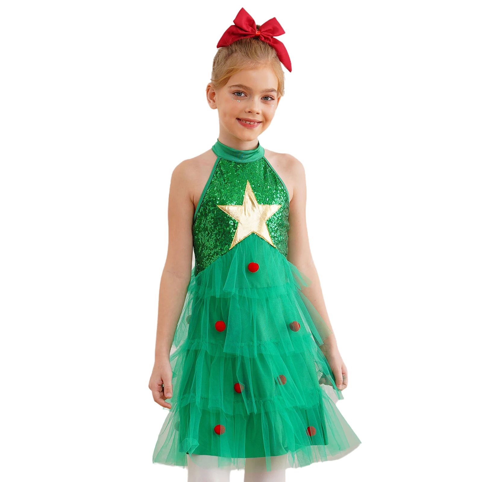 Детский рождественский танцевальный костюм для девочек без рукавов с лямкой на