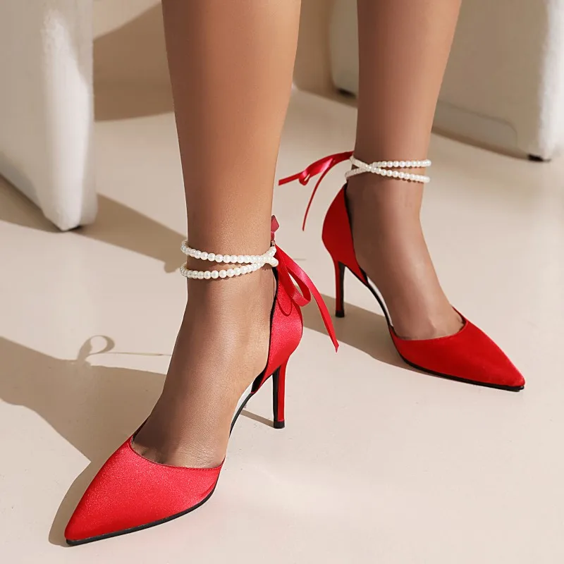 

Jiovodo Shoes Pearl Lace Bowknot Women Pumps Stiletto Sexy Lady High Heels Wedding Luxurious Women Heels Party Shoes