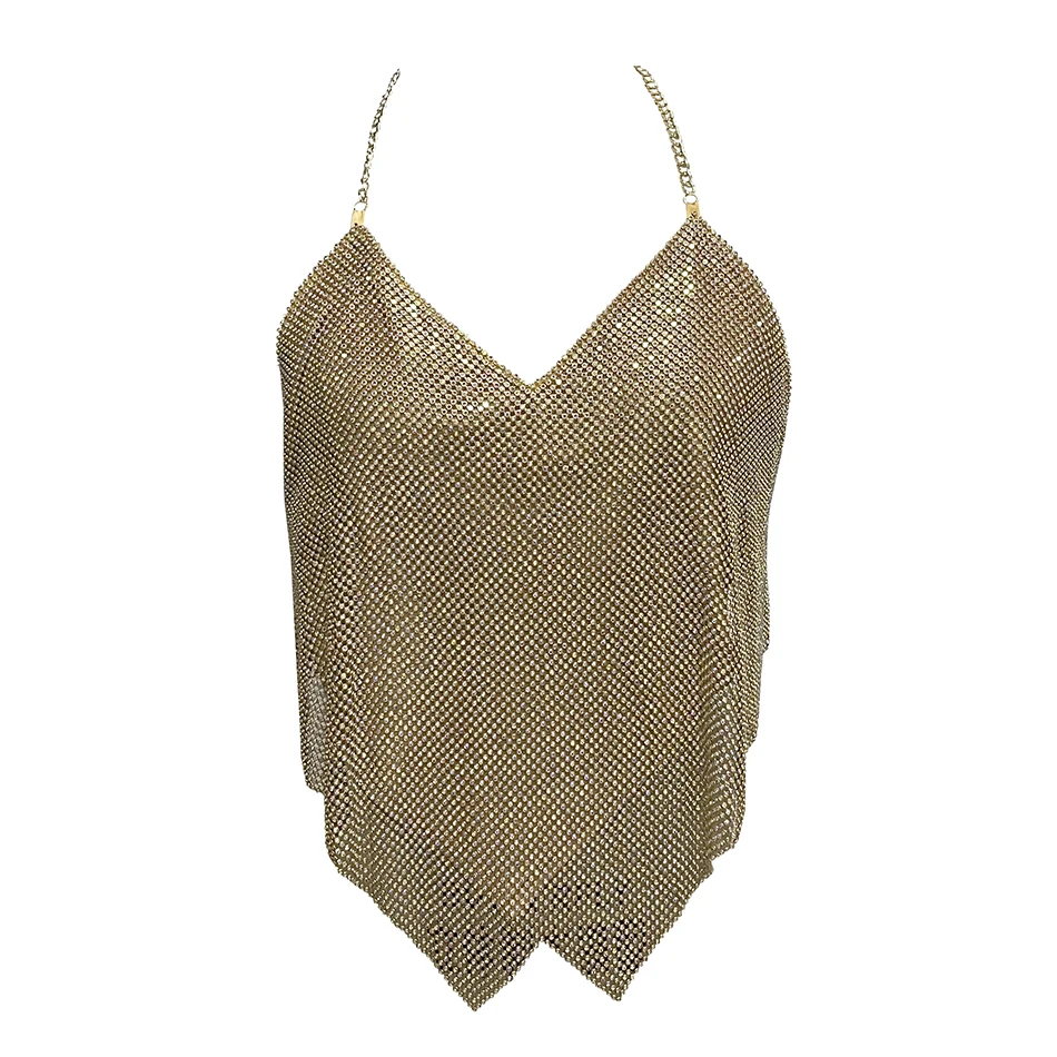 

YOUR BUMP CURVE Colored Diamond Metal V Neck Sleeveless Backless Tie Top Elegant Ladies Club Crystal Top