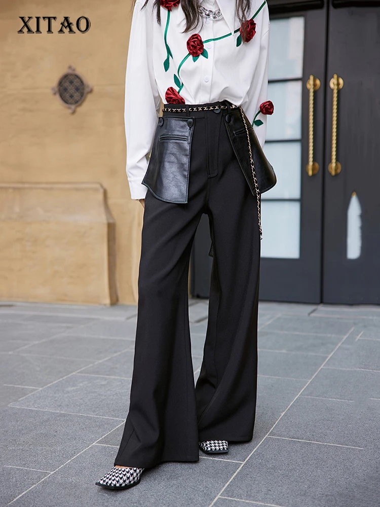 

XITAO Patchwork PU Pocket Wide Leg Pants Personality Splicing Decorate Chain Bandage Autumn Street Trendy All-match ZY7455