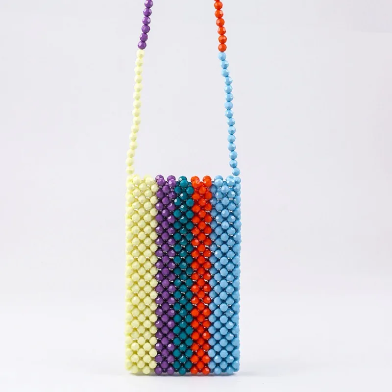 

New Fashion Colorful Beaded Handwoven Mobile Phone Crossbody Bags for Woman Multi Color Vertical Splice Women's Shoulder Bag