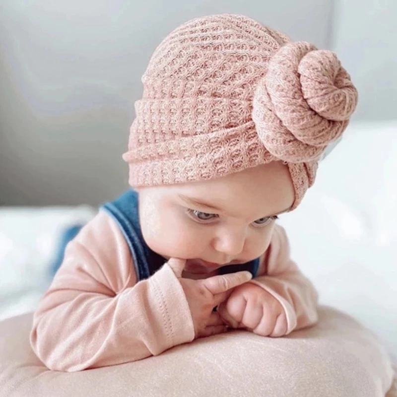 

Knotted Baby Hat Waffle Printed Girls Bonnet Beanie Children Hats Cap For Infants Boy Indian Cap PhotoProps Accessories Headgear