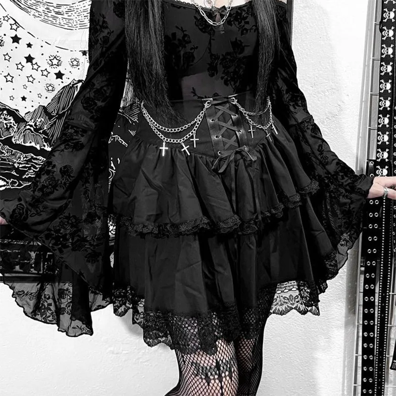 

Black Mini Skirt Gothic Sexy Cute Women Drawstring Folds High Waist Irregular Ruffle Patchwork Fairycore Short Skirts Mori Girl