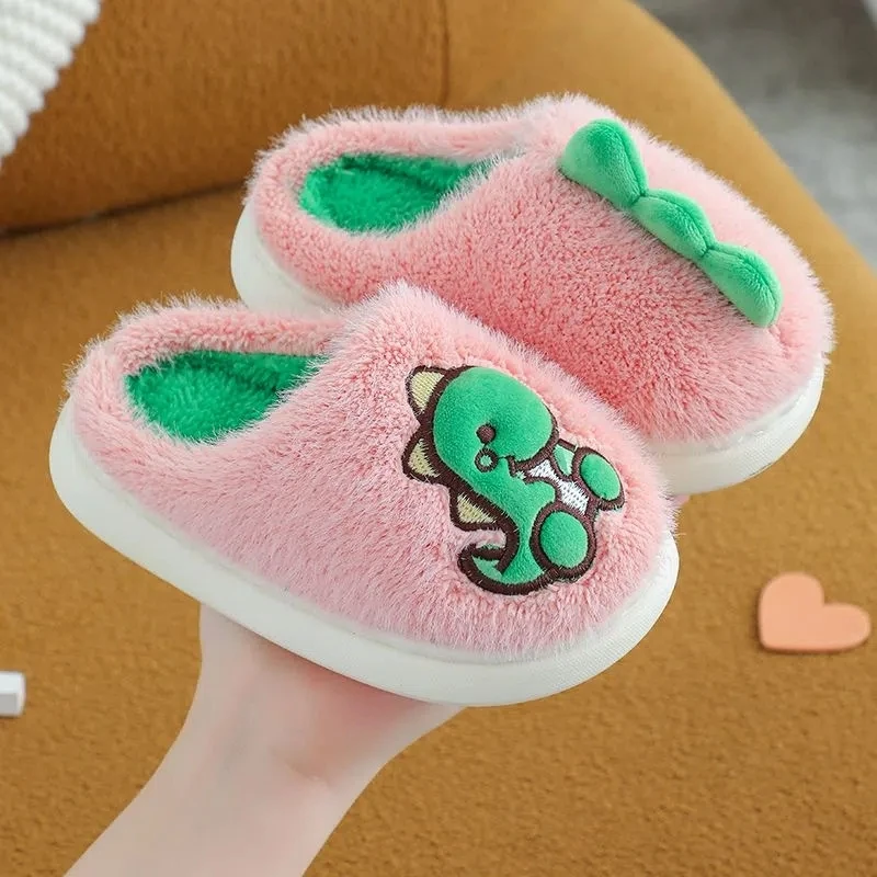 Winter aldult Fur Slides Platform Slippers Home Shoes Boys Girls Children Animel Dinosaur Furry Indoor Non-slip Warm Slippers