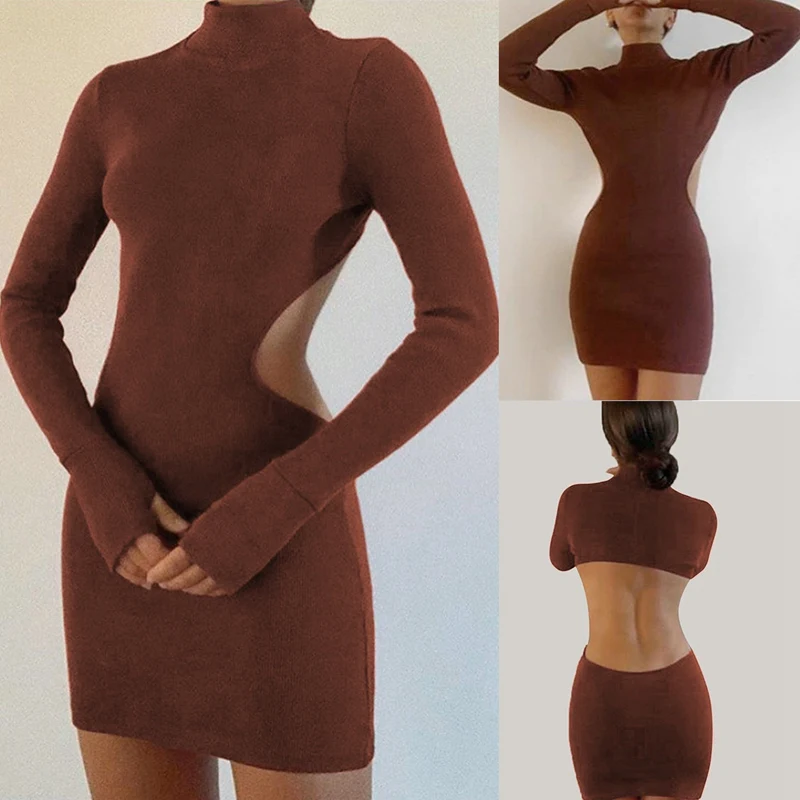 Women's Fashion Sexy High Neck Halter Tight-Fitting Bag Hip Solid Color Dress Brown