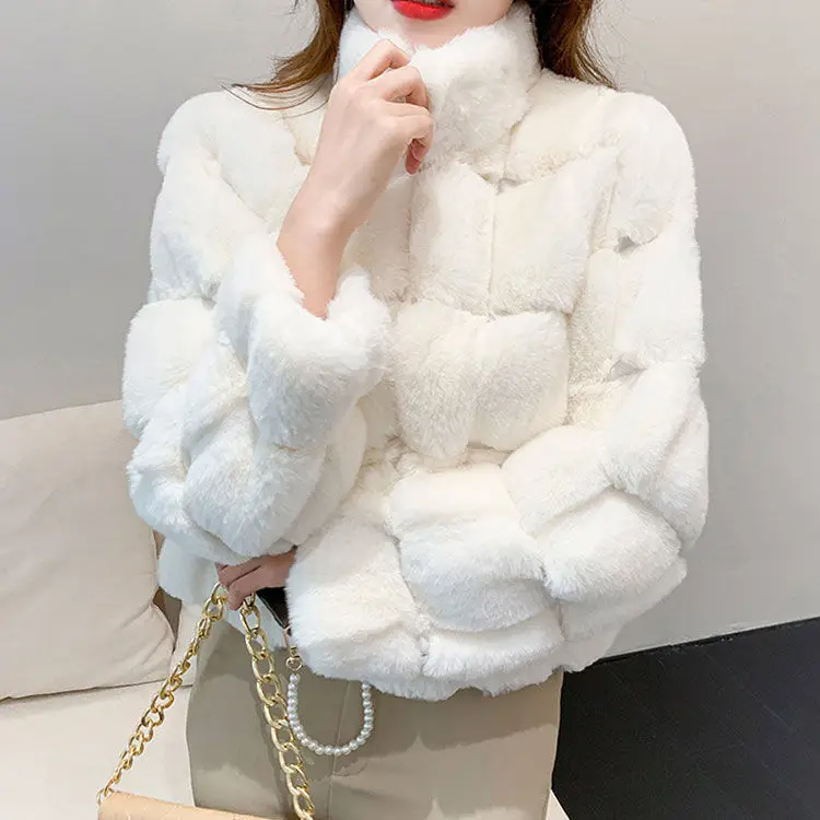 

Women Fashion 2022 Winter New Streetwear Warm Thicken Faux Rabbit Fur Outerwear Female Korean Office Ladies Jacket Coats A14