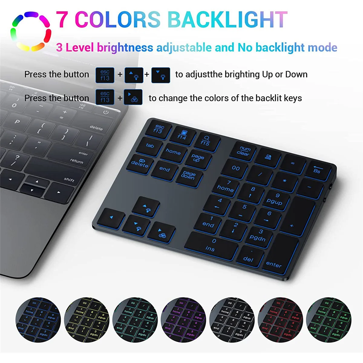 

Backlit Bluetooth Numeric Keypad, 34 Keys Rechargeable Wireless Number Pad Slim with 7-Color Backlight, for Windows PC